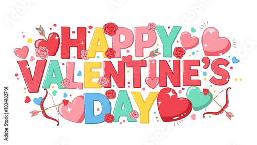 Cute cartoon typography for a Valentine's Day celebration with lovely hearts, roses, and Cupid's bow and arrow decoration