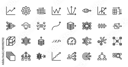 Machine learning and data science line icon set. Vector pictograms of neural networks, data graphs, and algorithm concepts, thin outline illustration.