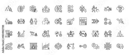Artificial intelligence line icon set. Vector pictograms of machine learning, robot, data analysis, and brain, thin outline illustration.