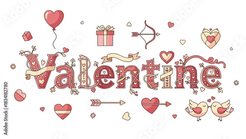 Charming Valentine's Day Decorative Typography Illustration Adorned with Hearts, Arrows, and Delightful Elements Celebrating Love and Romance