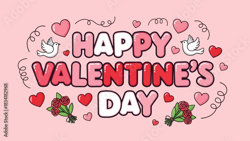 Playful Happy Valentine's Day Greeting Card with Sweet Hearts, Doves, and Rose Bouquets on a Soft Pink Background