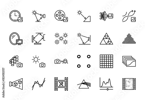 Photography and image processing line icon set. Vector pictograms of clock, camera, light reflection, prism, and neural network, thin outline illustration.