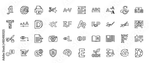 Typography and graphic design line icon set. vector pictograms of ligatures, kerning, print, clipping, and font size, thin outline illustration.