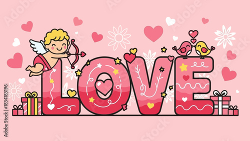 Decorative 'LOVE' illustration with a flying cupid, hearts, sweet birds, and gift boxes, perfect for Valentine's Day romance and affection