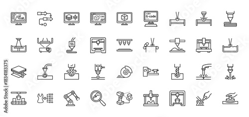 Manufacturing technology line icon set. Vector pictograms of 3D printing, cad software, cnc machining, and industrial automation, thin outline illustration.