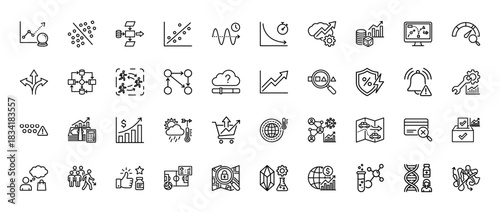 Business and data analysis line icon set. Vector pictograms of charts, graphs, arrows, security, and process flow, thin linear illustration.