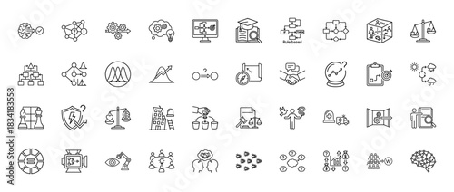 Business and strategy line icon set. Vector pictograms of decision making, problem solving, analysis, and rule-based systems, thin linear illustration.