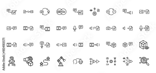 Multimedia and ai processing line icon set. Vector pictograms of data conversion, sensing, and robotics, thin linear illustration.