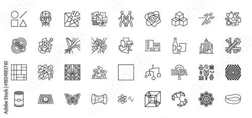 Abstract and conceptual icon set. Vector pictograms of geometric shapes, human mind, architecture, music, and science, thin outline illustration.