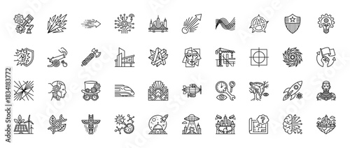 Futurism and science fiction line icon set. Vector pictograms of robotics, artificial intelligence, technology, and utopian/dystopian concepts, thin linear illustration.
