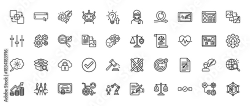 Generative AI and digital rights line icon set. Vector pictograms of robot, brain, copyright, gavel, nft, creative tools, neural network, thin linear illustration.