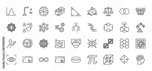 Mathematics and science line icon set. Vector pictograms of integral, geometry, statistics, intelligence, logic flowcharts, physics symbols, thin linear illustration.