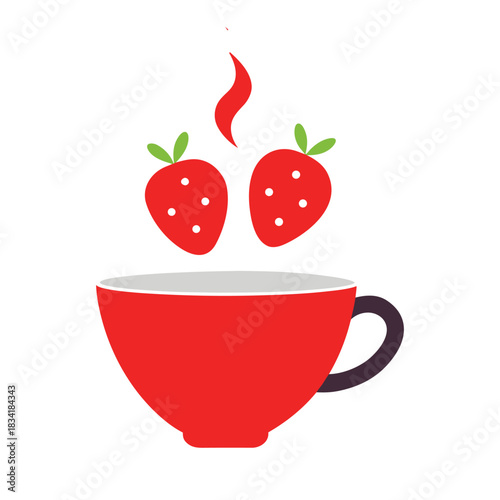Cup of tea and coffee with strawberries isolated on white background vector illustration