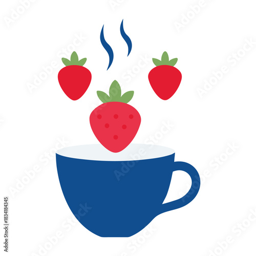 Cup of tea with strawberries illustration vector drink fruit dessert hot beverage mug love heart fresh tasty healthy design