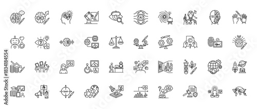 Artificial intelligence line icon set. Vector pictograms of machine learning, robot, data analysis, and brain concept, thin linear illustration.