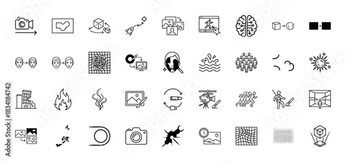 Creative video production and digital media processing icon set. Vector pictograms of camera, editing, explosion, motion, and visual effects, thin outline illustration.