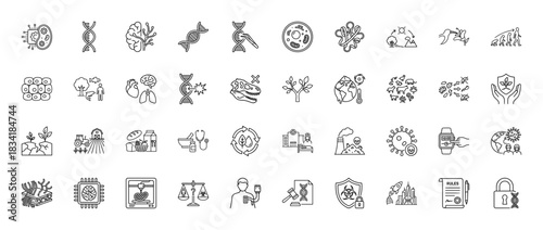 Genetics and biotechnology line icon set. vector pictograms of dna, brain, evolution, and farming, thin linear illustration.