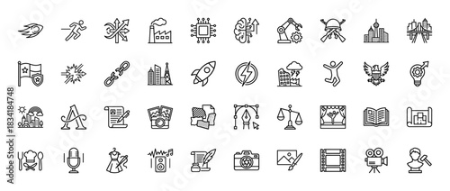 Business and technology line icon set. Vector pictograms of industry, smart cities, artificial intelligence, and creative arts, thin linear illustration.