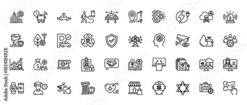 Smart city, business, and education line icon set. Vector pictograms of autonomous cars, financial growth, telemedicine, and security, thin linear illustration.