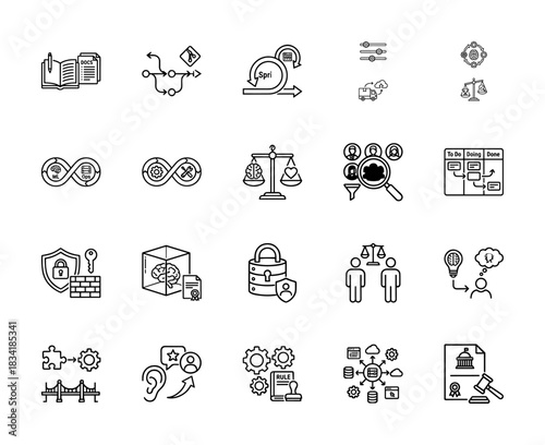 Business and development line icon set. Vector pictograms of agile, devops, security, and quality assurance, thin linear illustration.
