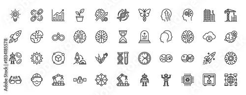 Future technology line icon set. Vector pictograms of artificial intelligence, robotics, dna, and augmented reality, thin linear illustration.