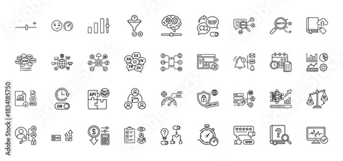 Business and data analysis line icon set. Vector pictograms of settings, feedback, search, data protection, and finance, thin linear illustration.