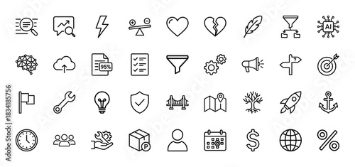 Business and technology line icon set. Vector pictograms of research, analytics, balance, funnel, and AI chip, thin linear illustration.