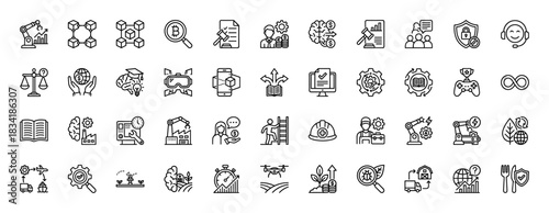 Business and technology line icon set. Vector pictograms of blockchain, robotics, education, and industry, thin linear illustration.