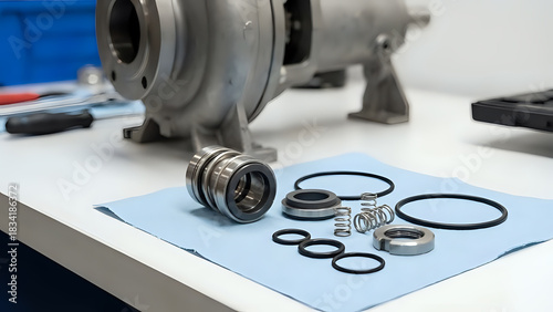 Mechanical seal components displayed near a pump housing on a clean work surface
