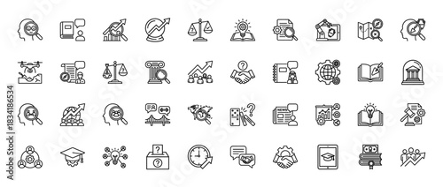 Research and analysis thin line icon set. Vector pictograms of magnifying glass, book, chart, balance, education, and development, thin linear illustration.