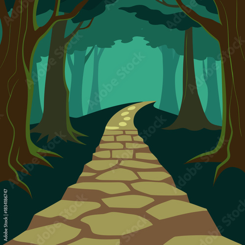 Old Stone Road Through Ancient Forest Vector Illustration 