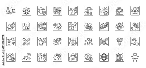 Corporate social responsibility line icon set. Vector pictograms of ethics, sustainable development, governance, and business integrity, thin linear illustration.