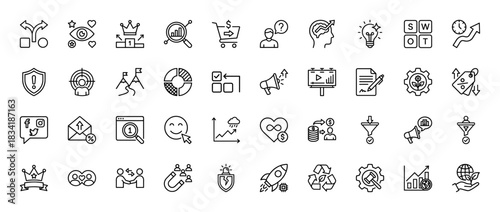 Business and marketing line icon set. Vector pictograms of decision, goal, success, analysis, sales, and strategy, thin linear illustration.