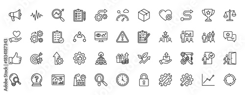 Business and management line icon set. Vector pictograms of megaphone, chart, clipboard, trophy, and gear, thin linear illustration.