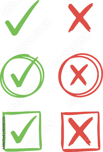 Checks and Crosses: A set of six hand-drawn checks and crosses. the marks are perfect for various design uses, as they symbolize acceptance, rejection, agreement, and disagreement. 