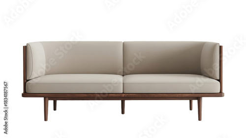 Modern two seater sofa with wooden frame and upholstered cushions transparent background