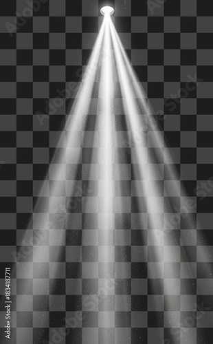Spotlight effect with bright beams shining down, ideal for stage lighting or highlighting a specific area. Use this graphic to add focus and drama to your designs. 132 characters