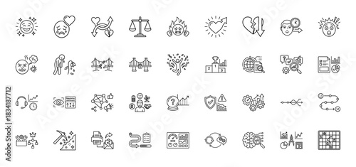 Business and psychology line icon set. Vector pictograms of emotions, strategy chess, analytics chart, risk shield, trophy, burnout and teamwork, thin linear illustration.
