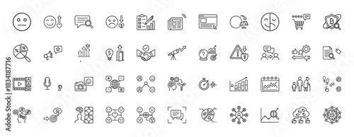 Business analytics and customer experience line icon set. Vector pictograms of feedback, data analysis, strategy, and management, thin linear illustration.