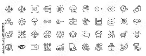Artificial intelligence and technology line icon set. Vector pictograms of machine learning, blockchain, brain analysis, and vr headset, thin linear illustration.