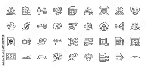 Comprehensive technology and business line icon set. Vector pictograms of data analysis, security, education, finance, gaming, and risk management, thin linear illustration.