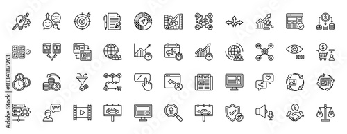Marketing and advertising line icon set. Vector pictograms of targeting, analytics, planning, and web optimization, thin linear illustration.