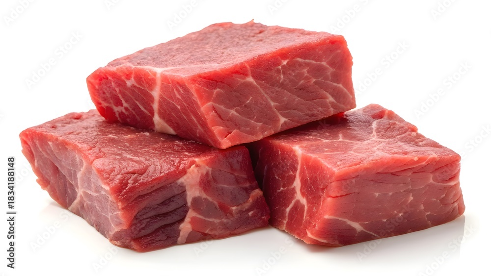 Fototapeta premium Fresh raw beef cubes stacked enticingly for grilling or stewing, promising a delicious, hearty meal and culinary creativity for home cooks