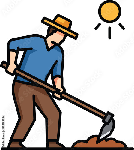 Stylized drawing of a person in a hat hoeing soil under the sun