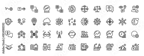 Artificial intelligence and technology line icon set. vector pictograms of machine learning, ar, vr, and data analytics, thin linear illustration.