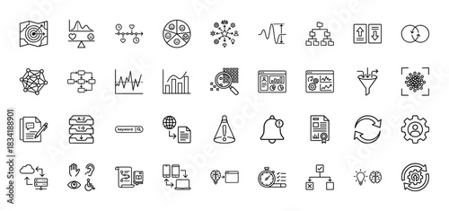 Business and data analysis line icon set. Vector pictograms of machine learning, workflow, charts, and optimization, thin linear illustration.