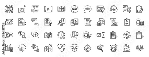 Information, communication, and knowledge line icon set. Vector pictograms of research, analysis, law, and education, thin linear illustration.