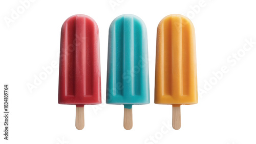 Three colorful popsicles on wooden sticks against a transparent background