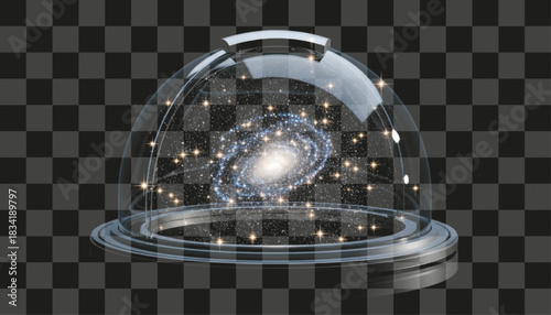 Galaxy inside a glass dome, showcasing the cosmos with stars and celestial bodies. Representing the concept of universe conservation, space exploration, and scientific discovery.