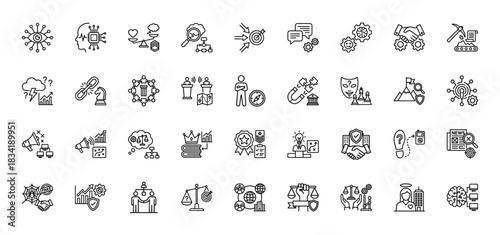 Business ethics and strategy line icon set. Vector pictograms of scales, chess, brain, target, handshake, gear, puzzle, shield, thin linear illustration.